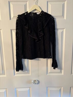 Women’s Black Lace Ruffle-Front Long Sleeve Blouse